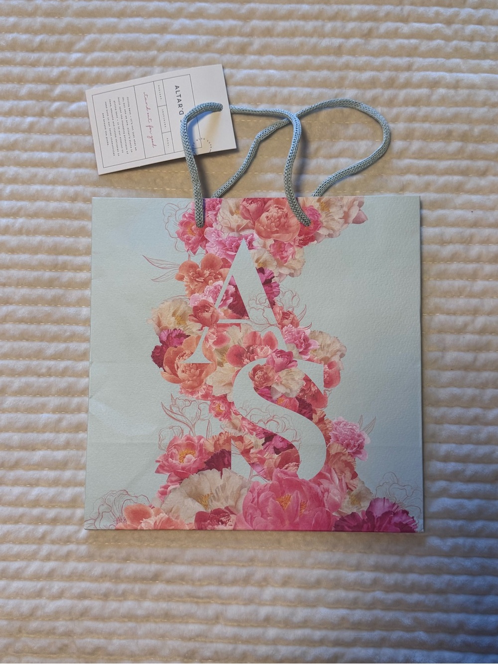 Altar'd State Pink Floral Tote with Blue Rope Handles ~ 9”x10”